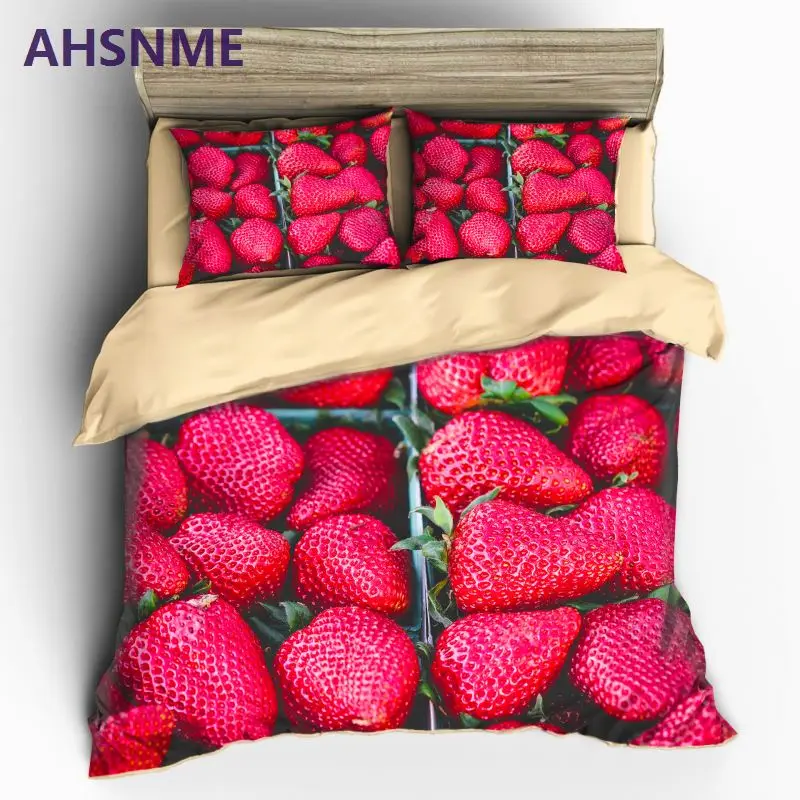 

AHSNME Seductive Fruit Strawberry Pattern Duvet Cover Sets Red Fruit Super Soft 100% Microfiber Bedding Set 3pcs