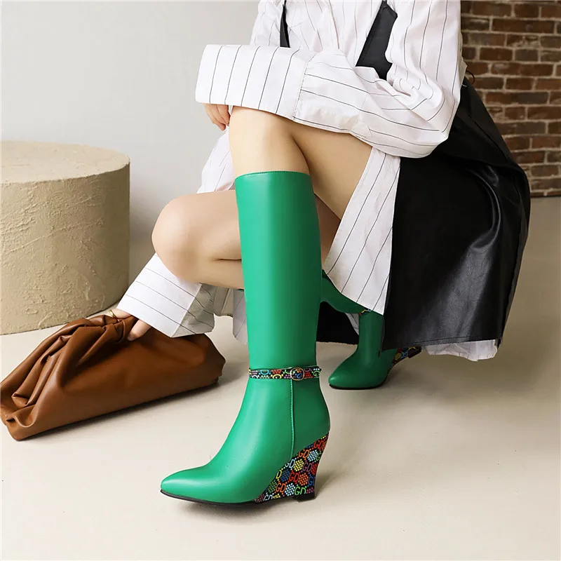 

YMECHIC Wedge Concise Thin Thigh Long Botas for Women Shoes Belt Buckle Side Zipper 2021 Autumn Winter High Heel Mid-calf Boots