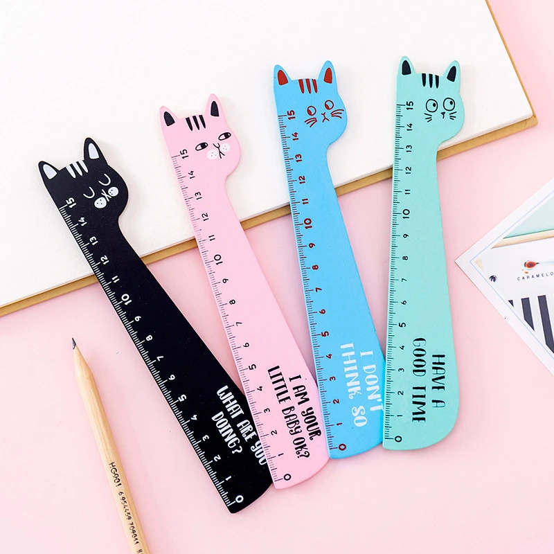 4 Piece Lytwtw\'s Cat Candy Color Kawaii Stationery Cartoon Drawing Gift Korean Office School Kitten Straight Wooden Ruler