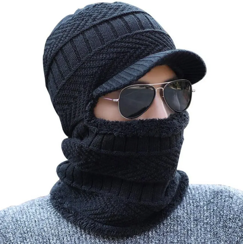 

Men Winter Hat And Scarf Set For Women Ring Scarves Cap With Brim Knitted Visor Beanies Balaclava Adult Bonnet Mask Neck Warmer