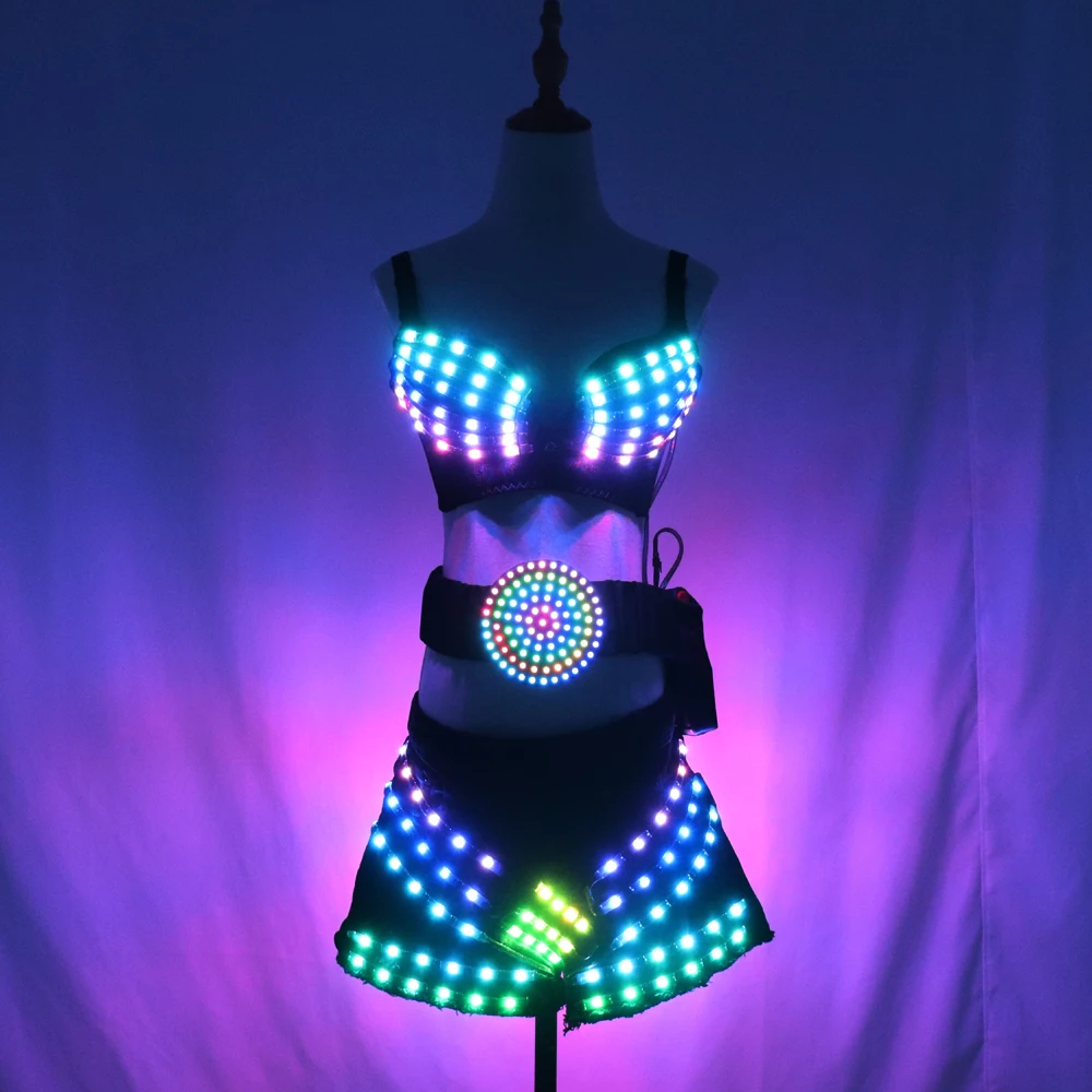 Full Color Led Luminous Light Party Skirt Sexy Girl Led Light Up Costumes With Led Belt Ballroom Dance Outfit DJ DS Bra Suit