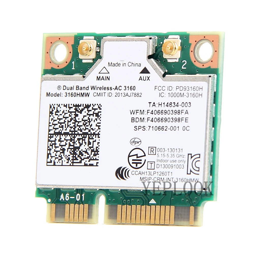 Mini Placa de Rede Sem Fio PCIe, Cartão Wi-Fi, AC3160, 3160HMW, 3160AC, 433Mbps, Banda Dupla, 2.4Ghz, 5Ghz, Bluetooth 4.0, 802.11ac, 11AC