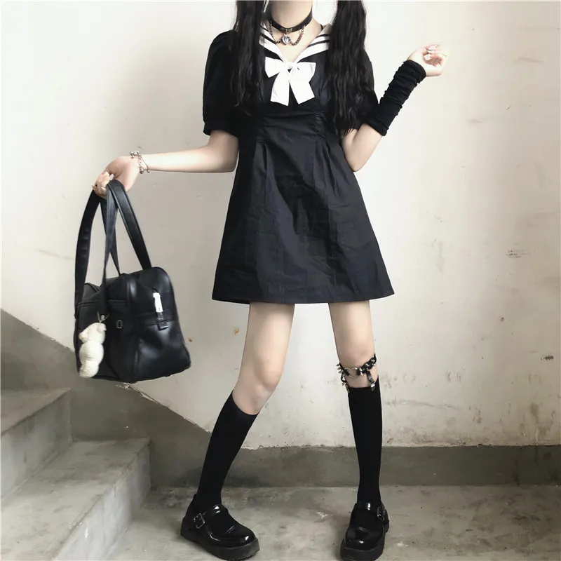 Japanese College Sailor Collar Puff Sleeve High Waist Slimming Sailor Suit JK Dress Female 2020 Summer japanese school uniform