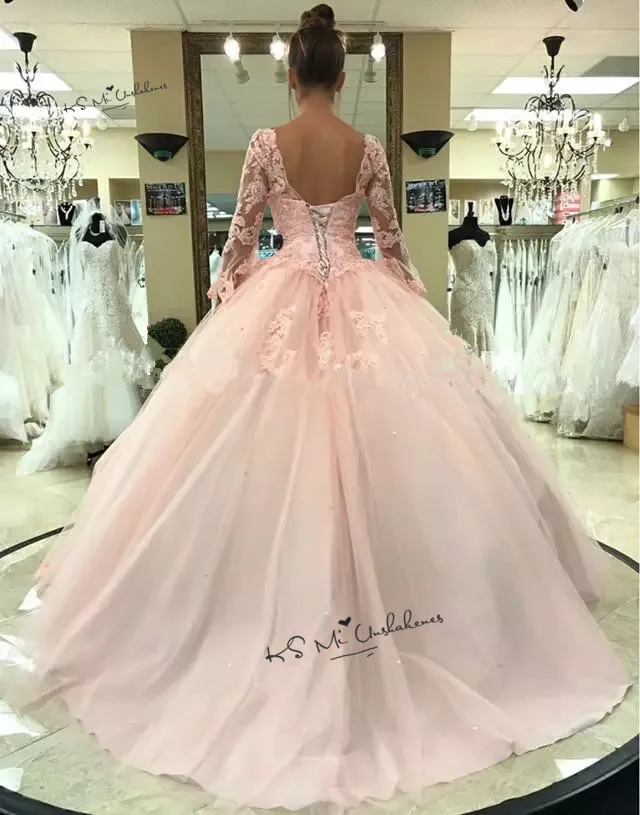 Süße 16 Kleider Langarm Spitze Günstige Quinceanera Kleider 2020 Vestido de Debütantin Para 15 anos Rosa Ballkleider Kleid für 15