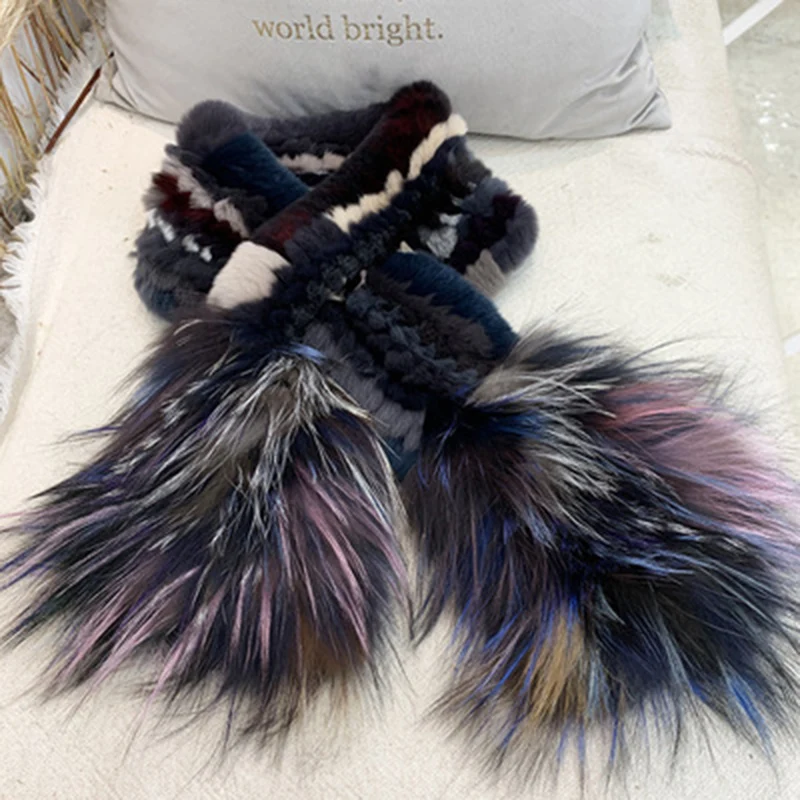 Women Autumn Winter Rex Rabbit Fur Knitting With Silver Fox Fur Collar Fur Scarf Warm Double-sided Scarf