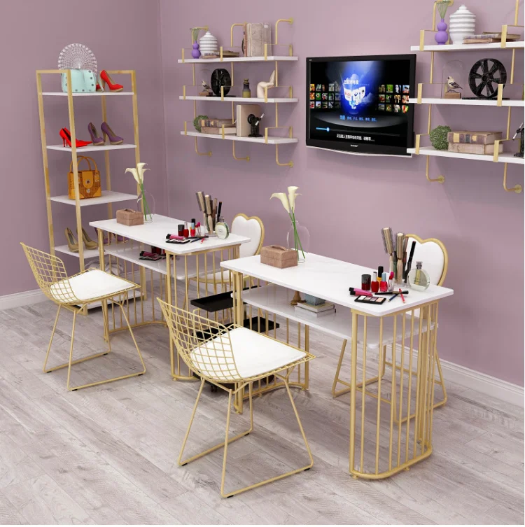 Golden Marble Nail Table and Chair Single Double Table Manicure Table Nail Shop Table and Chair Set Combination