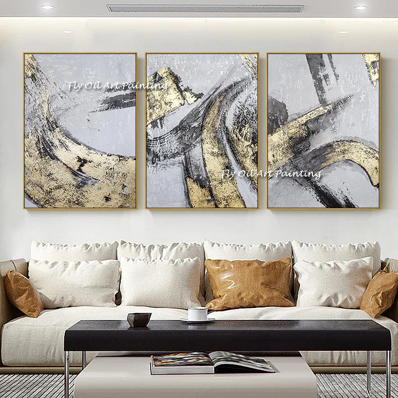 Set of 3 Gold Grey Landscape Canvas Hand Oil Painting Modern abstract Large wall art Painting living room Home decor as a gift