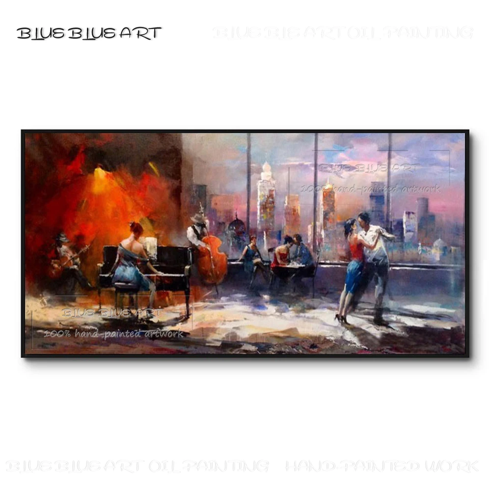 

Unique Art Design Hand-painted Impressionist Skyscraper View Landscape Oil Painting Playing Music Party on Skyline Oil Painting