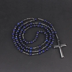 Ntural Gemstone Rosary Tiger-Eye Lapis Lazuli Spectrolite Beads  Long Necklace Hematite Cross Pendant Religious Jewelry