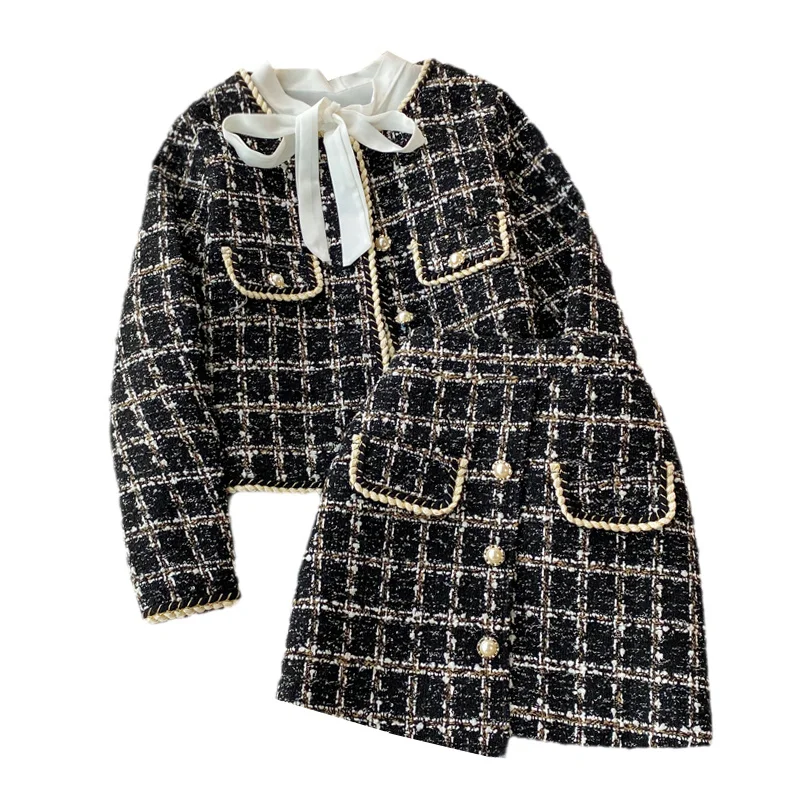 2024 Autumn 2 Pieces Set Elegant Fashion Vintage Plaid Tweed Long Sleeve Jackets Coat + Irregular A-Line Mini Skirts Femame Suit