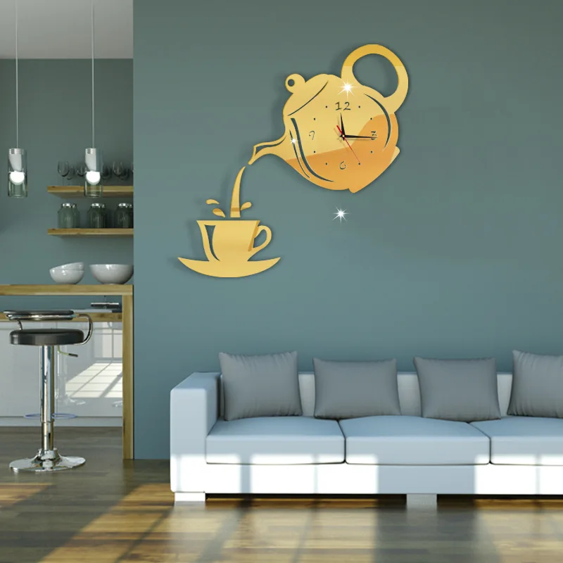 Creative 3D DIY Wall Clock Acrylic Mirror Coffee Cup Shape Teapot Kitchen Wall Clocks Living Room Dining Room Home Decor Clock