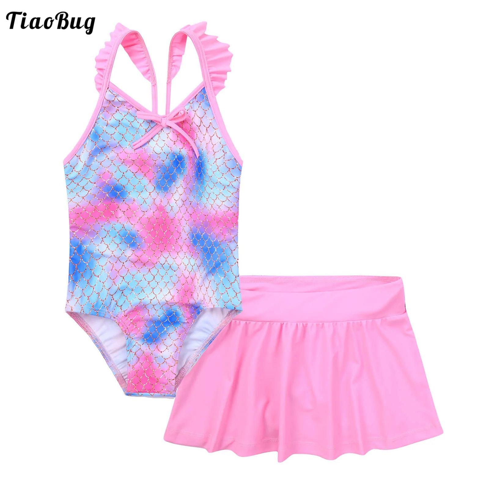 TiaoBug Fashion Summer 2Pcs Kids Girls Swimming Suit V Neck Straps Open Back Fish Scale Print Jumpsuit And Skirt Sets