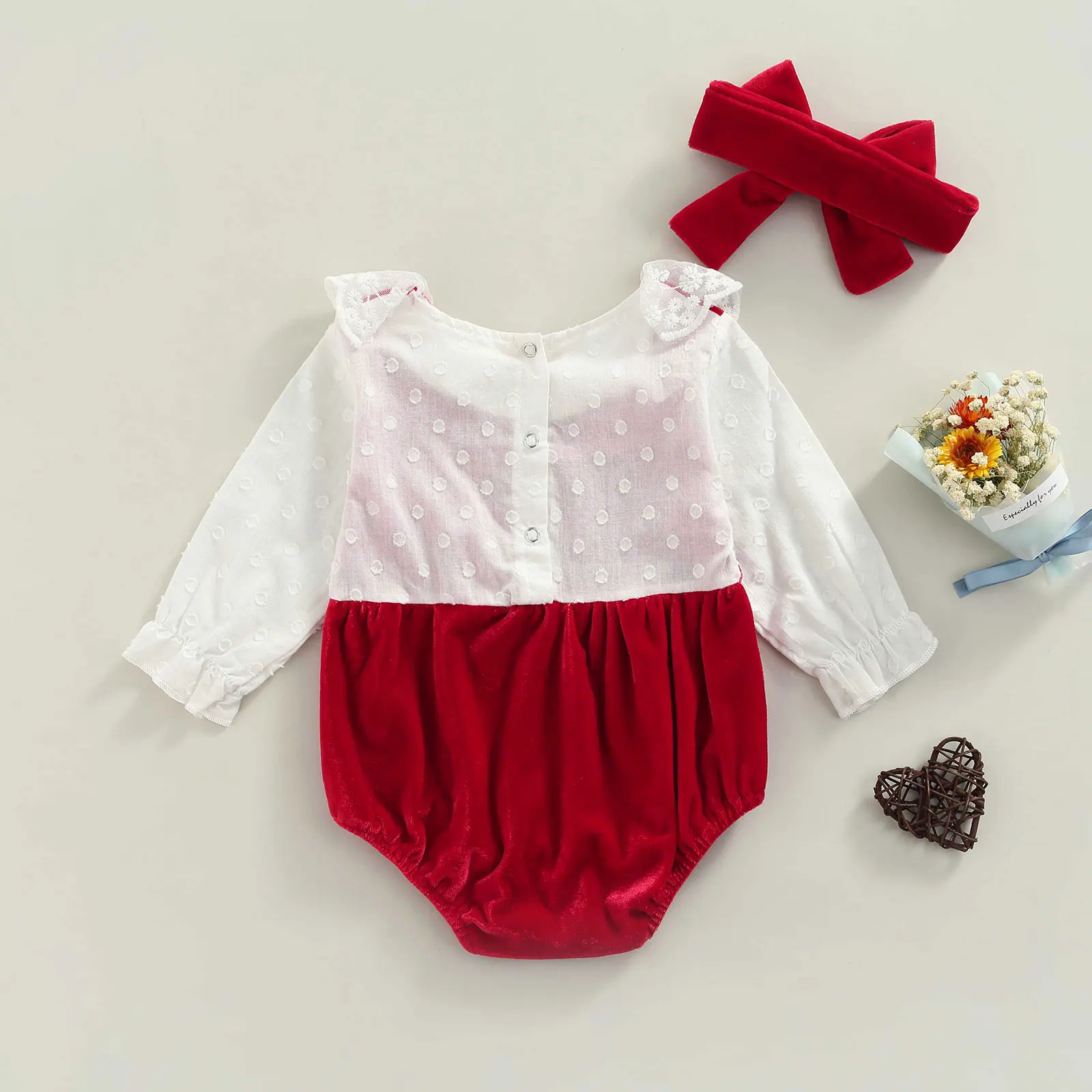 Spring Winter Newborn Infant Baby Girls Rompers Princess Lace Flower Velvet Jumpsuits Headband Girls Red Clothes image 6