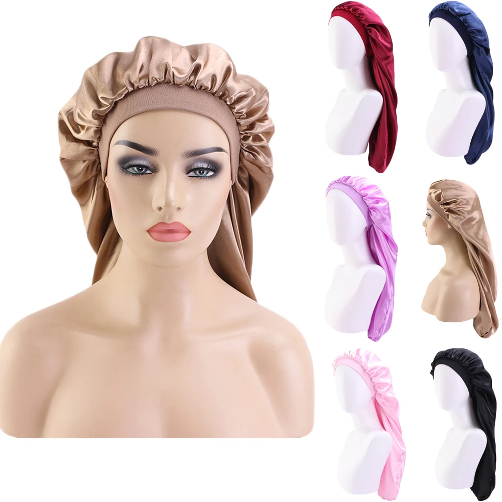 

Long Hair Sock Cap Sleep Hat Wrap Night Cap Hair Care Bonnet Nightcap Women Wide Band Elastic Satin Hat Headcover Baggy Protect