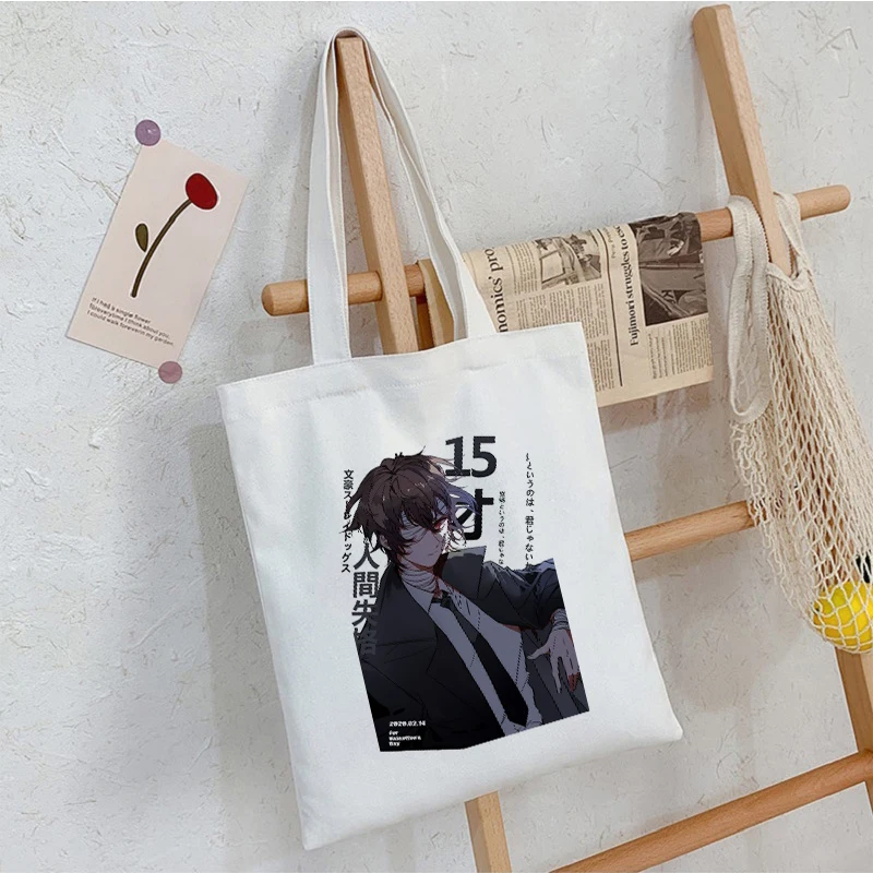 Women Bungo Stray Dog Japanese Anime Black Cotton Canvas Shopper Bag Girl Harajuku 90s Y2K Classic Vintage Shoulder Handbag