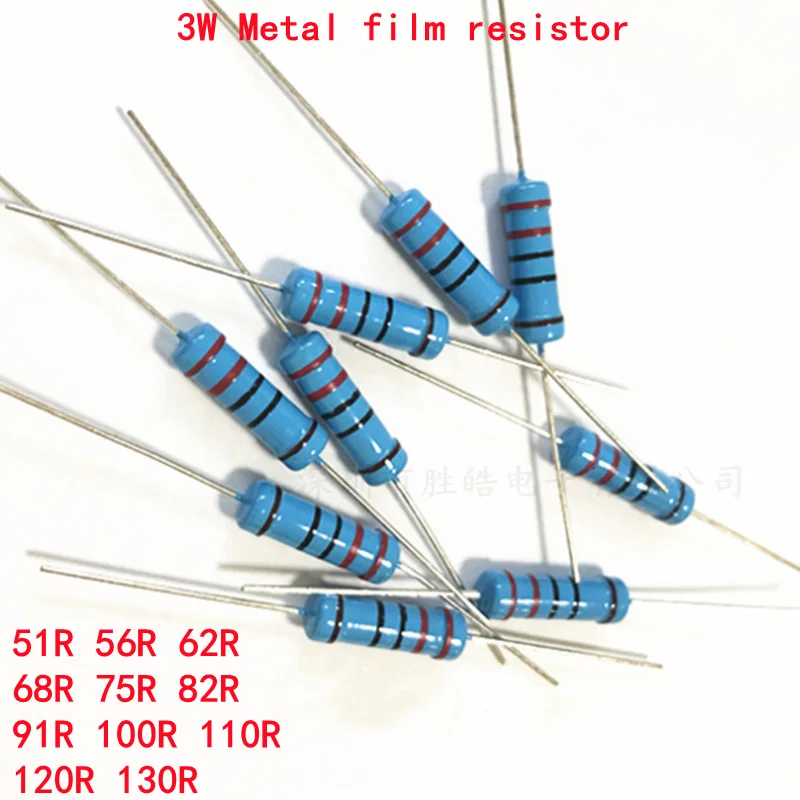 10pcs 3W Metal film resistor 1% 51R 56R 62R 68R 75R 82R 91R 100R 110R 120R 130R 51 56 62 68 75 82 91 100 110 120 130 ohm