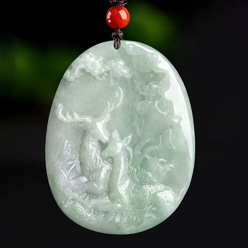 Hot Selling Natural Jade Deer  Ice Seed Pendant Charm Jewellery Hand-Carved Necklace for Women Men Fashion Accessories