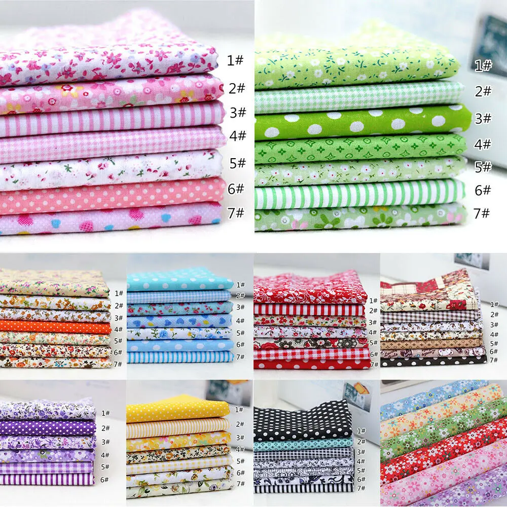 7Pcs/set 25x25cm Multicolor Cotton Fabric Assorted Pre Cut Fat Quarter Bundle Decor DIY Handmade Bow Craft Doll Clothes Material