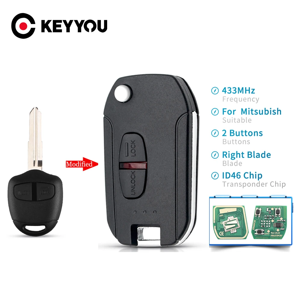 

KEYYOU 2/3 Buttons Uncut Blade Remote Car Key Fit For Mitsubishi Outlander Lancer EVO Colt Mirage 433 MHz ID46 Chip MIT11 MIT8