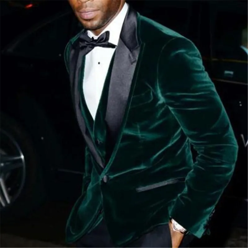 Dark Green Velour Wedding Men Suits (Jacket+Pant++Vest+BowTie) Fashion Skinny Latest Design Terno Masculino Groom Blazer