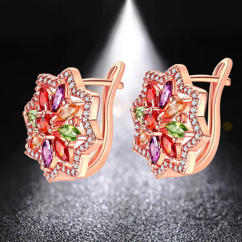 HUAMI Ins Hot Sale Crytals Stud Earrings Flower Coloful Rose Gold Earrings 2CM Zircon Fashion Jewelry for Women 2021 Aros Mujer