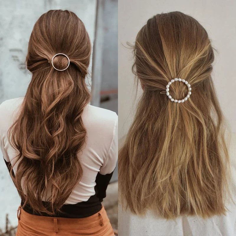 Women Girl Hair Clips Barrette Gold Silver Metal Circle Geometry Hair Grips Korean Crystal Pear Hairpins Holder Hair Accessories