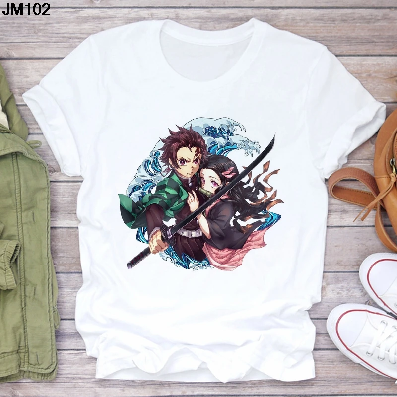 T-shirt da donna con stampa Anime Demon Slayer T-shirt estiva da donna a maniche corte Harajuku T-shirt bianca versione coreana di moda