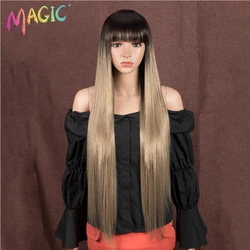 Magia sintética 34 polegadas longa peruca reta com franja ombre preto marrom peruca para preto feminino resistente ao calor uso diário cabelo falso