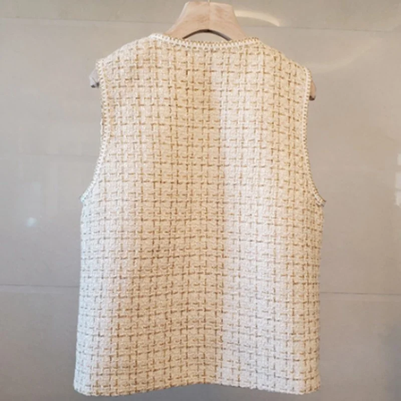 

Tweed Sleeveless Jackets Office Lady Round Neck Single-Breasted Multi-Pockets Women Vests Spring Autumn Slim Fit Plaid Waistcoat