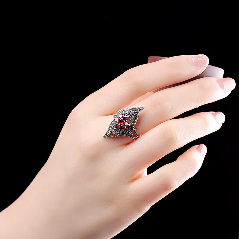 Uglyless Tempting Garnet Red Flower Rings for Women Marcasite Rhombus Wide Open Rings 925 Silver Thai Silver Fine Jewelry R860 - view 2
