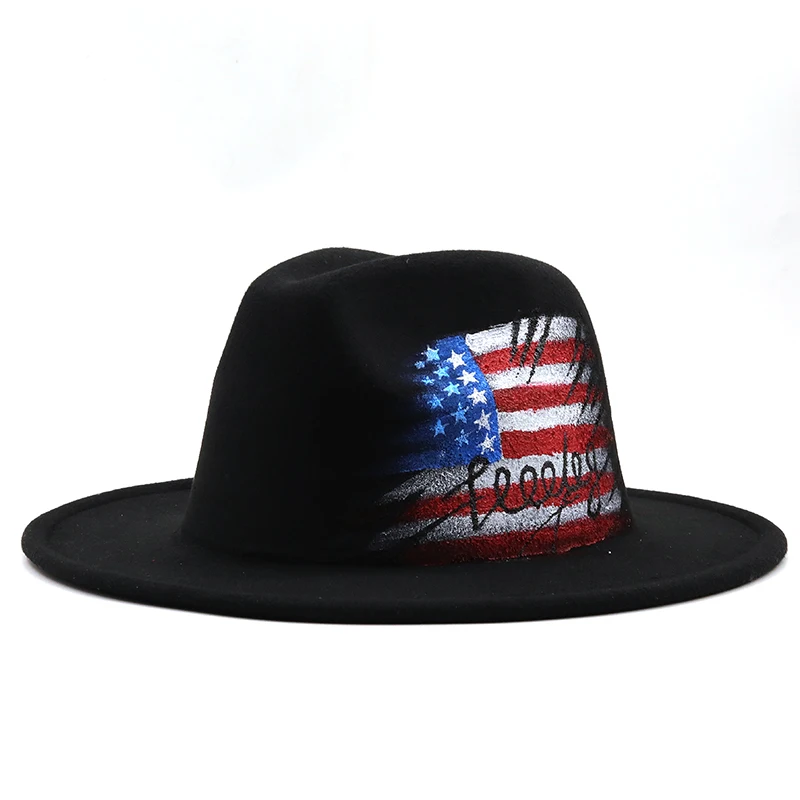 2021 New Handmade Painted eye Wool Felt Black Fedora Hat For Women/Men Wide Brim Autumn Winter Panama Jazz Cap