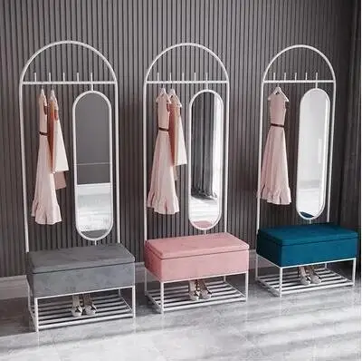 Nordic clothes rack with rotating full-length mirror floor room hanging clothes rack storage rack shoe changing stool