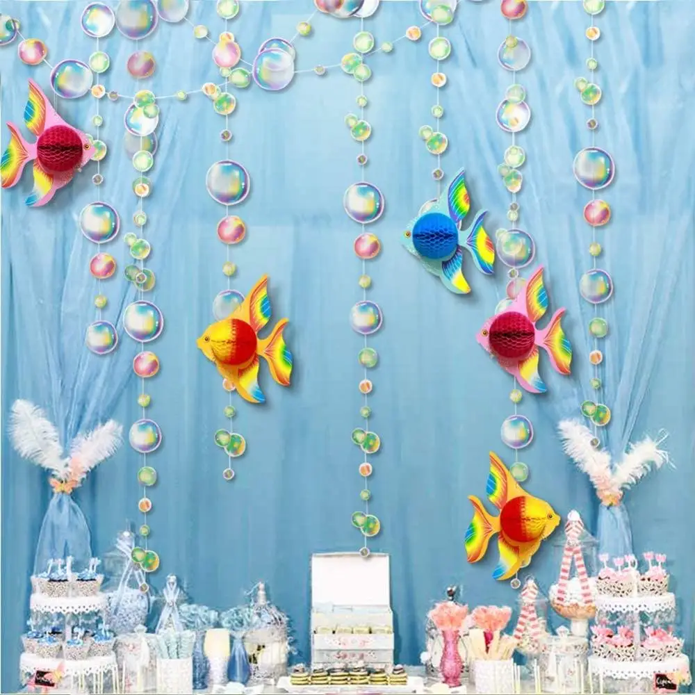 

Ocean Themed Party Hanging Transparent Rainbow Color Bubble Garlands 3D Fish for The Mermaid Under the Sea Birthday Decorations