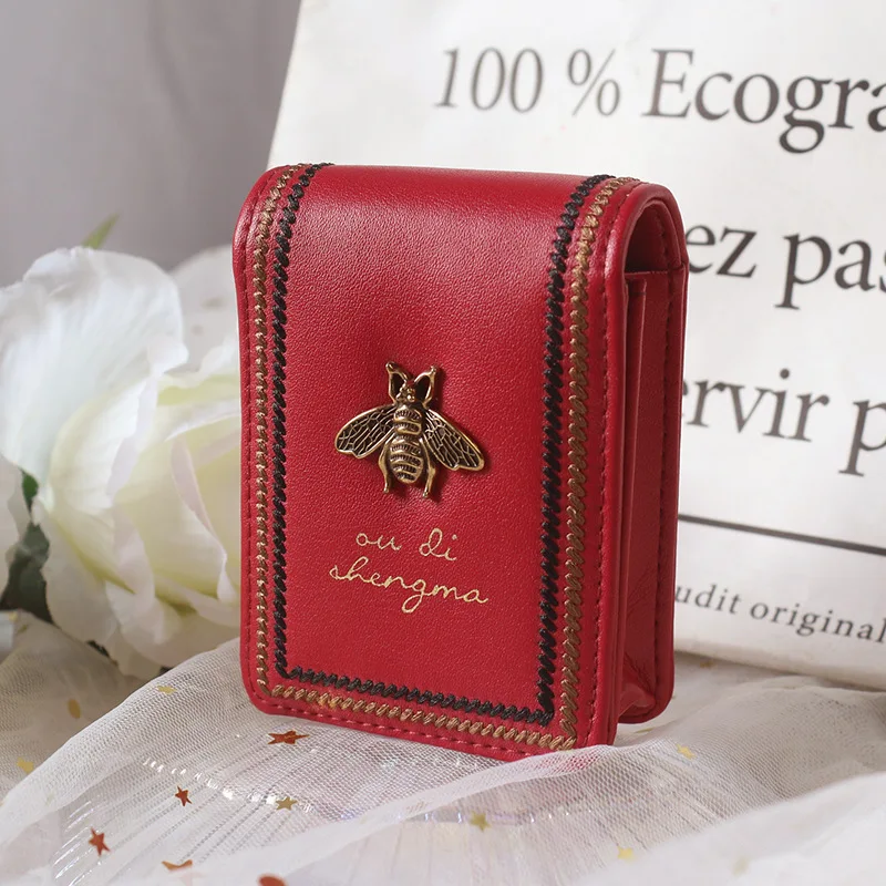 New Women Lipstick Wallets Fashion Brand Portable Makeup Bag with Mirror Lipstic Case Embroidery Woman Leather Storage Box Purse