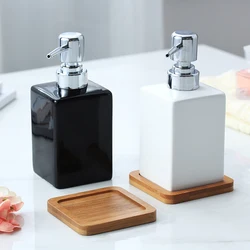 320ml Ceramic Emulsion Dispenser White Black Bottle Hotel Shower Gel Hand Sanitizer Bottle with Bamboo Tray for Kitchen