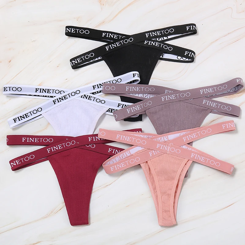 FINETOO 2PCS/Set Women\'s Cotton G-string Sexy Cross Strap Panties Letter Waisted Underwear Thongs Femme Hollow Out Lady Briefs