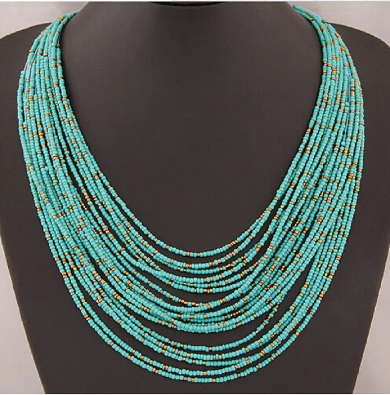 Fashion new bohemian women necklace long chain rice bead necklace trinket