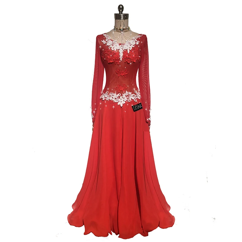 Ballroom  Standard  Competition Show Dress Custom New Adult Red Embroidery Slim Dance Dress