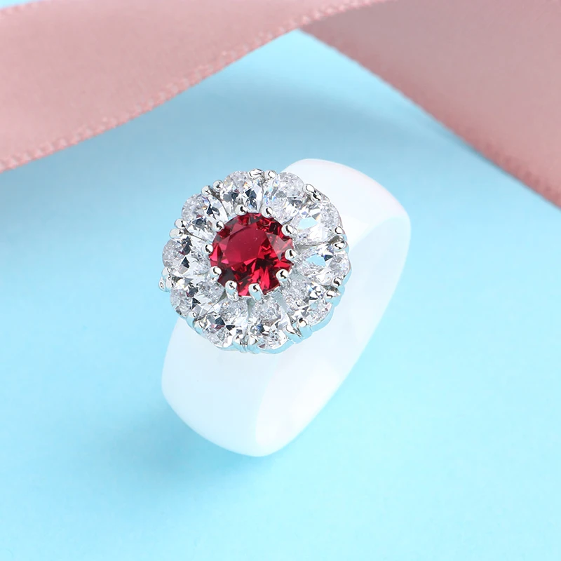 New Big Crystsal Women Rings Red White Crystal CZ Wedding Ceramic Rings Never Fade Healthy Ceramic Jewelry Gift for Women
