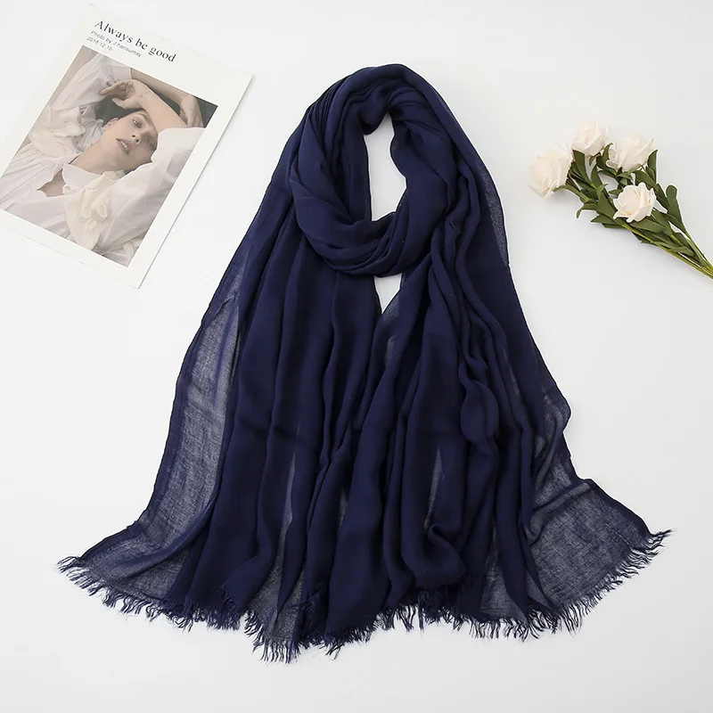 Big Size Plain Navy Blue Fringe Viscose Shawl Scarf Lady Wrap Muffler Headband Muslim Hijab Snood Echarpe Foulard Femme 190*90Cm