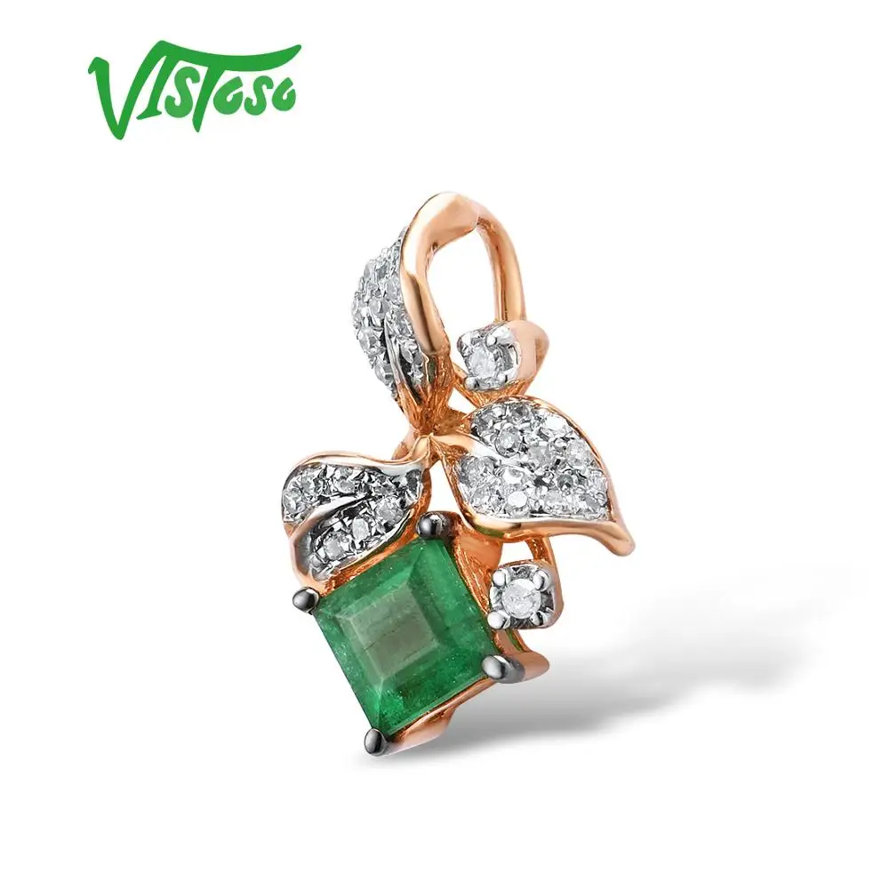 VISTOSO Gold Pendants For Women Authentic 14K 585 Rose Gold Leaves Magic Emerald Sparkling Diamond Pendant Elegant Fine Jewelry