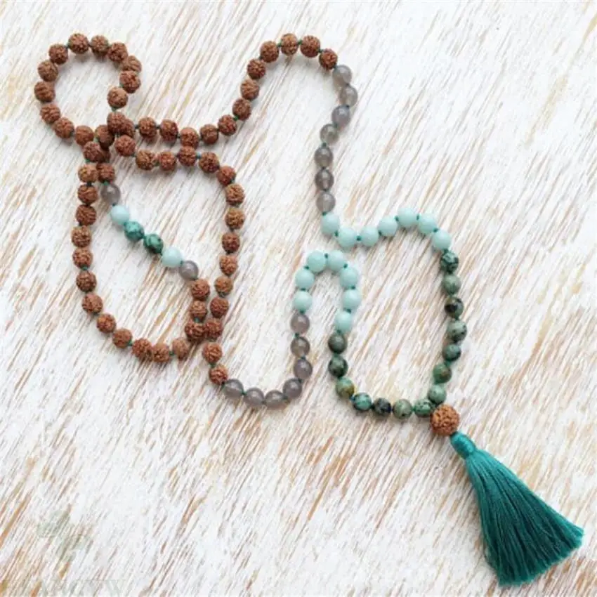 

8mm Jasper blue Tassels 108 Necklace spirituality Buddhism Handmade Lucky pray yoga Bless Healing Meditation MONK Mala Prayer