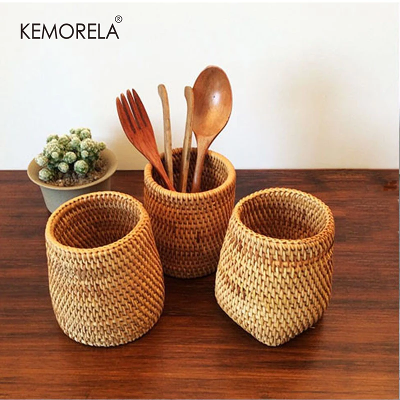 Rattan Pen holder Shovel Spoons Bucket Dinner Knives Forks Tableware Storage Baskets Organizer Home Decoration Garden Restaurant