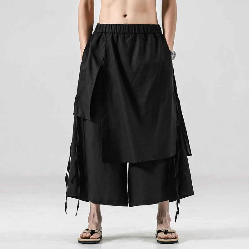 Men Chinese Style Cotton Linen Pants Black Wide-Leg Pants Men Comfortable Skirt Pants Ancient Male Loose Hanfu Kung Fu Trousers