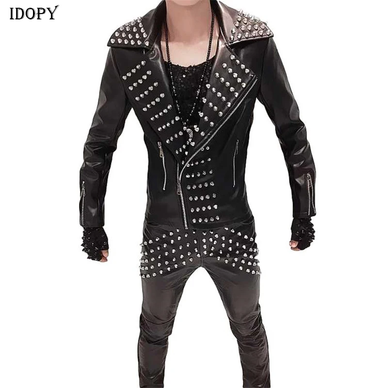 

Idopy Men`s Faux Leather Jacket Rivet Studded Slim Fit Lapel Collar Motorcycle Outerwear Coat For Male