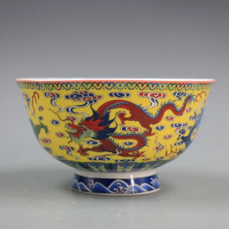 Qianlong-cuenco de porcelana de esmalte antiguo, cuenco con patrón de nube de dragón, adornos de decoración del hogar, año de la dinastía Qing