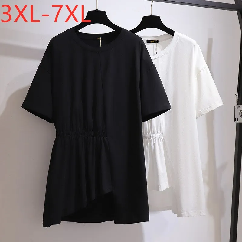 New 2021 Ladies Summer Plus Size Women Clothing Tops For Women Large Short Sleeve Loose Cotton Black Fold Long T-shirt 7XL