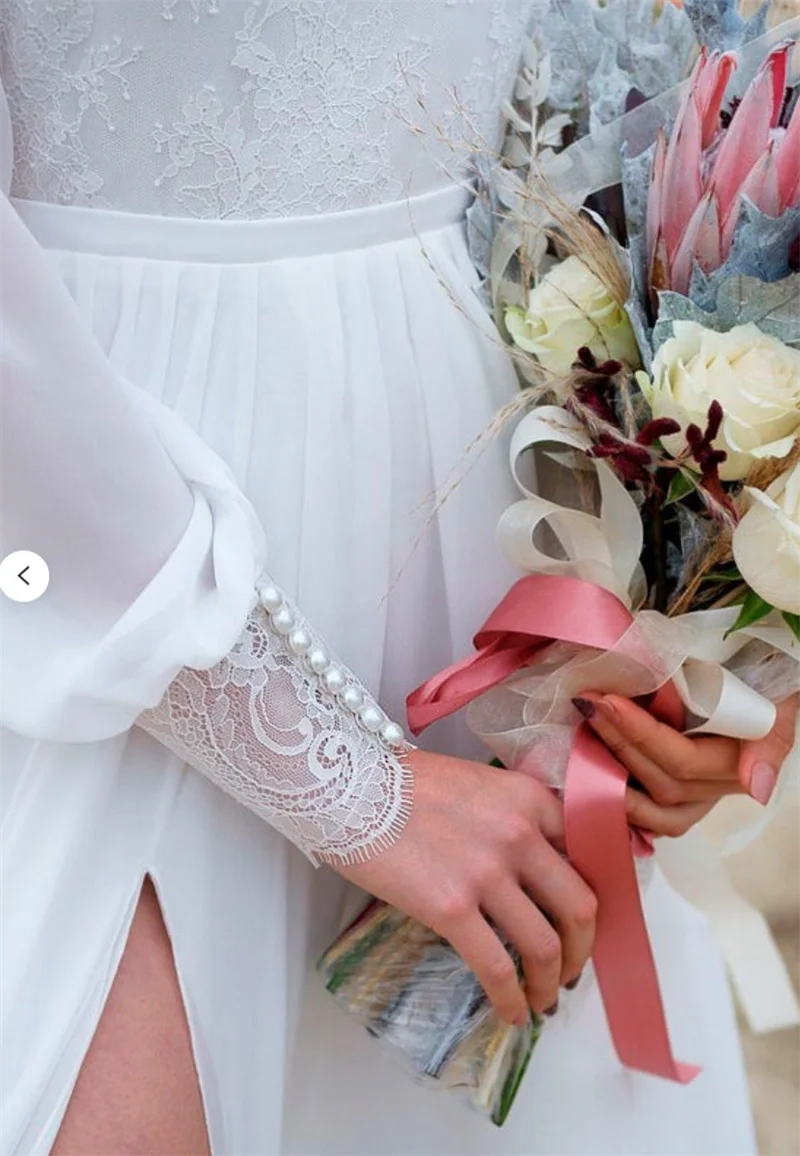 Vestido de boda de cola y cuello de barco, manga larga nupcial, corte en A, corte de encaje, Espalda descubierta, romántico