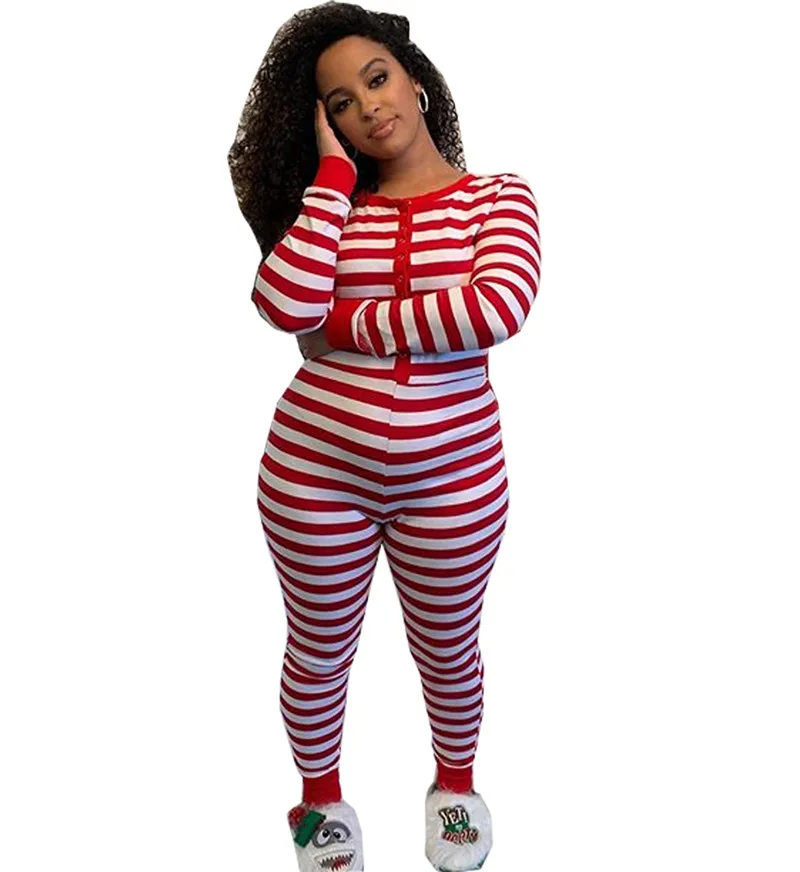 Autumn Winter Woman Striped Bodycon Romper Jumpsuits Christmas Home Pajamas One-Piece Women Xmas Nightwear Jumpsuit Sleepwear