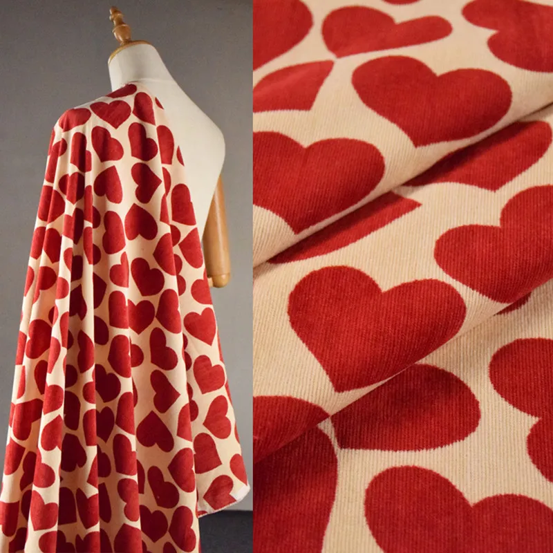 Red Big Love Heart Print Corduroy Fabric, Autumn and Winter Dress, Shirt Trousers, Coat Surface Material, T1766